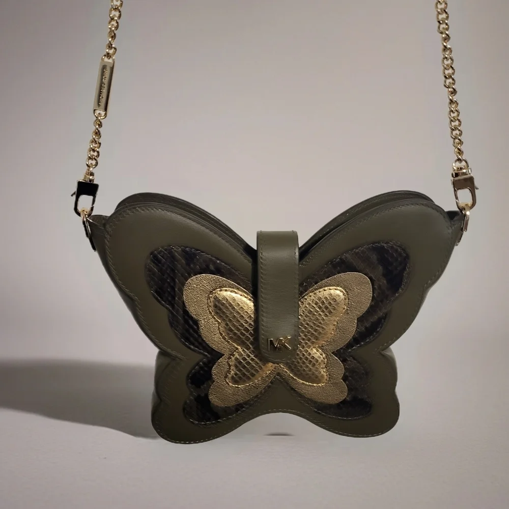 Michael Kors Butterfly Design Leather Crossbody Bag - Black and Gold